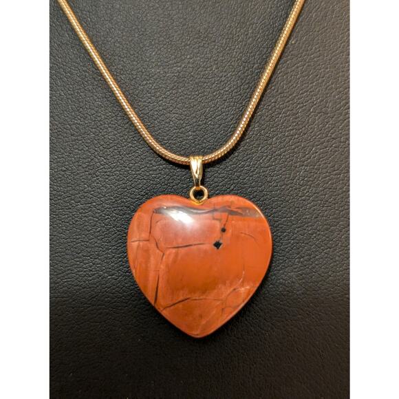 Red Jasper Stone Heart Pendant on Gold Tone Snake Chain Necklace - Picture 2 of 5